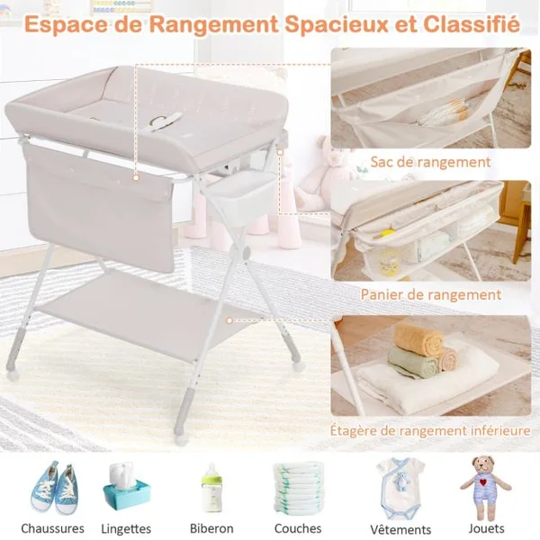 Table à Langer Bébé Pliante 4 en 1 avec Récipient d'Eau 4 Plaques de Protection Hauteurs Réglables 4 Roues Universelles Bleu