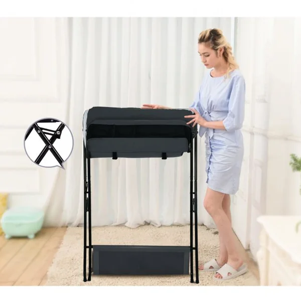 Table à Langer Bébé Pliante avec Panier de Rangement à Côté Capacité 10 Kg en Toile Pvc Fer 80x63x103cm Gris