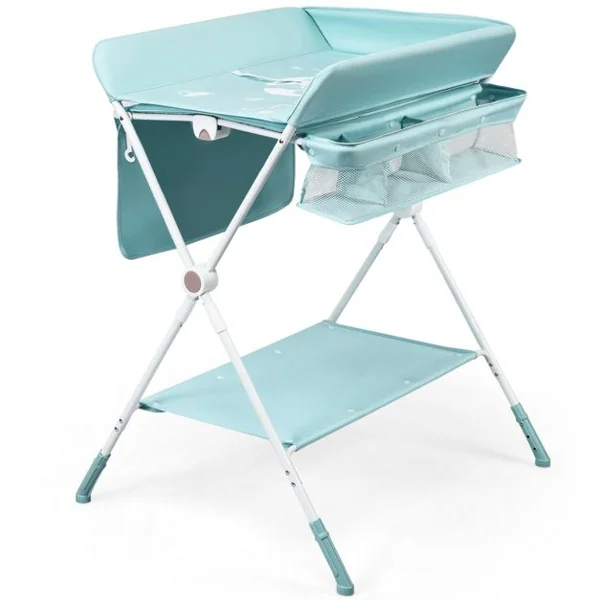 Table à Langer Pliante à Roulettes pour Bébé avec Panier de Rangement Hauteur Réglable en 3 Positions Bleu