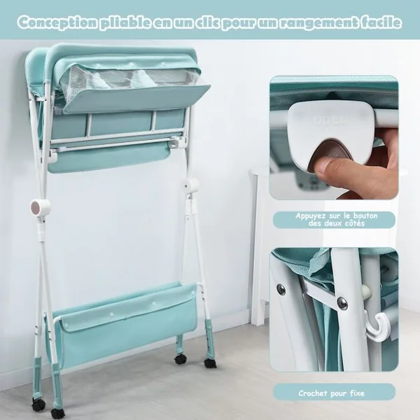 Table à Langer Pliante à Roulettes pour Bébé avec Panier de Rangement Hauteur Réglable en 3 Positions Bleu