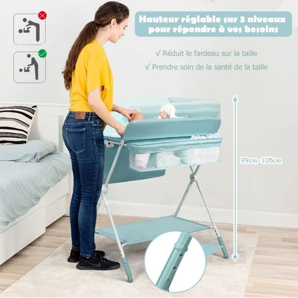 Table à Langer Pliante à Roulettes pour Bébé avec Panier de Rangement Hauteur Réglable en 3 Positions Bleu
