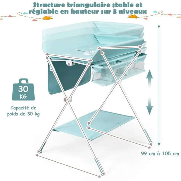 Table à Langer Pliante à Roulettes pour Bébé avec Panier de Rangement Hauteur Réglable en 3 Positions Bleu