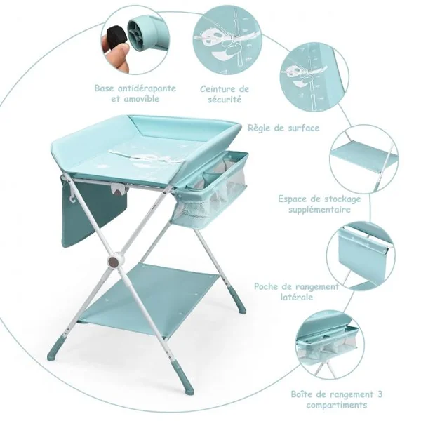 Table à Langer Pliante à Roulettes pour Bébé avec Panier de Rangement Hauteur Réglable en 3 Positions Bleu