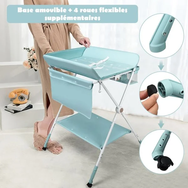 Table à Langer Pliante à Roulettes pour Bébé avec Panier de Rangement Hauteur Réglable en 3 Positions Bleu