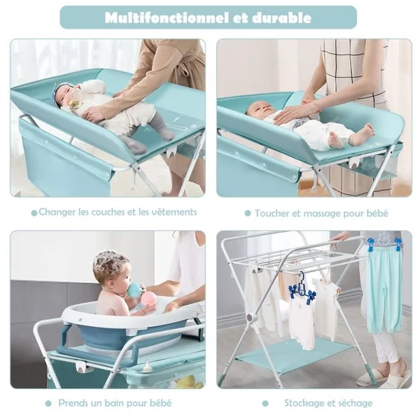 Table à Langer Pliante à Roulettes pour Bébé avec Panier de Rangement Hauteur Réglable en 3 Positions Bleu