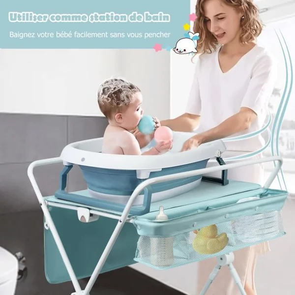 Table à Langer Pliante à Roulettes pour Bébé avec Panier de Rangement Hauteur Réglable en 3 Positions Bleu