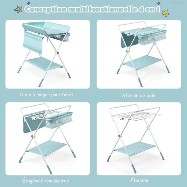 Table à Langer Pliante à Roulettes pour Bébé avec Panier de Rangement Hauteur Réglable en 3 Positions Bleu