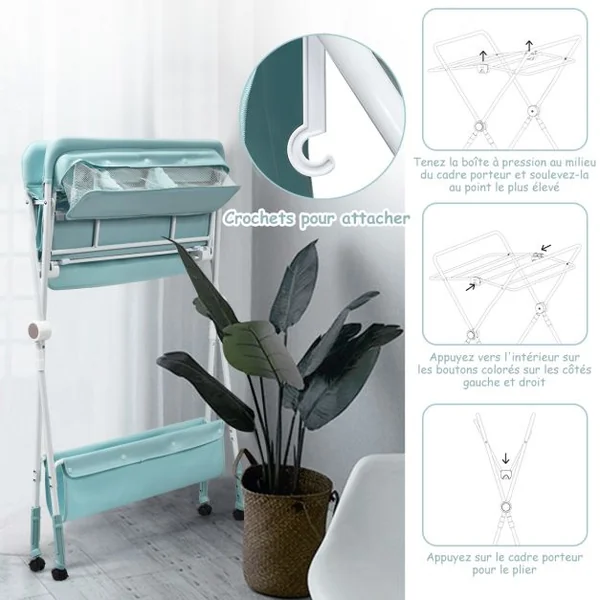 Table à Langer Pliante à Roulettes pour Bébé avec Panier de Rangement Hauteur Réglable en 3 Positions Bleu