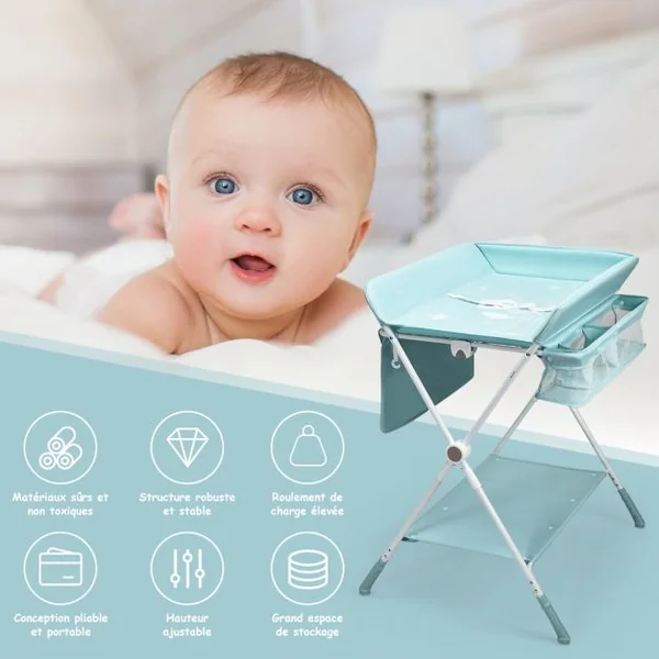 Table à Langer Pliante à Roulettes pour Bébé avec Panier de Rangement Hauteur Réglable en 3 Positions Bleu