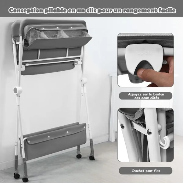 Table à Langer Pliante à Roulettes pour Bébé avec Panier de Rangement Hauteur Réglable en 3 Positions Gris