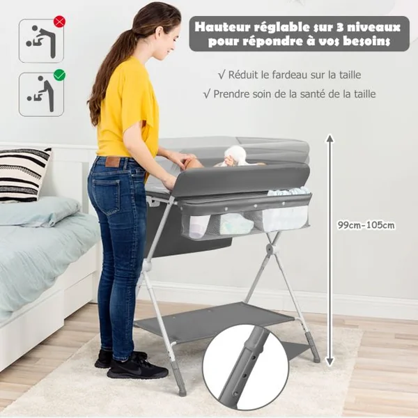 Table à Langer Pliante à Roulettes pour Bébé avec Panier de Rangement Hauteur Réglable en 3 Positions Gris