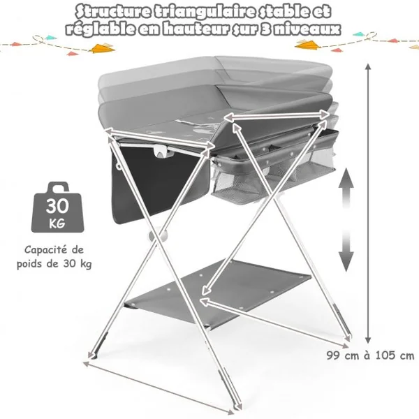 Table à Langer Pliante à Roulettes pour Bébé avec Panier de Rangement Hauteur Réglable en 3 Positions Gris