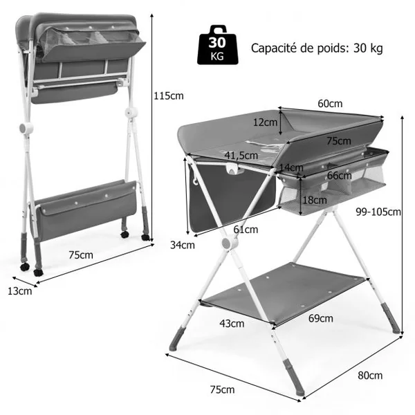 Table à Langer Pliante à Roulettes pour Bébé avec Panier de Rangement Hauteur Réglable en 3 Positions Gris