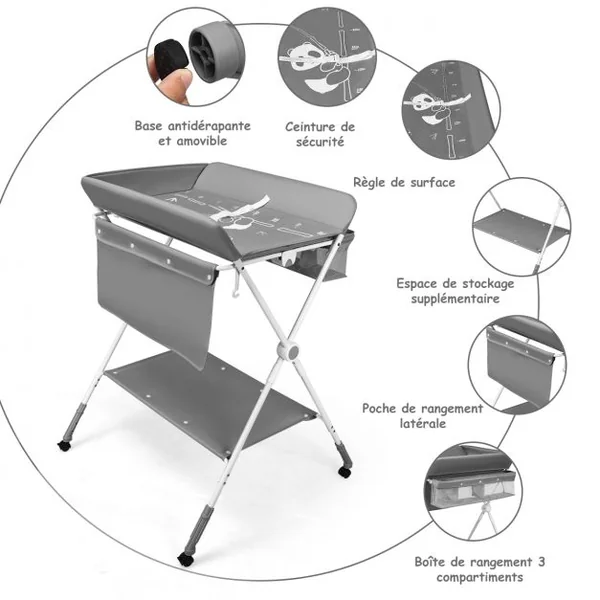 Table à Langer Pliante à Roulettes pour Bébé avec Panier de Rangement Hauteur Réglable en 3 Positions Gris