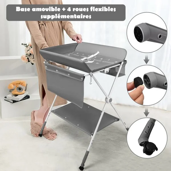 Table à Langer Pliante à Roulettes pour Bébé avec Panier de Rangement Hauteur Réglable en 3 Positions Gris
