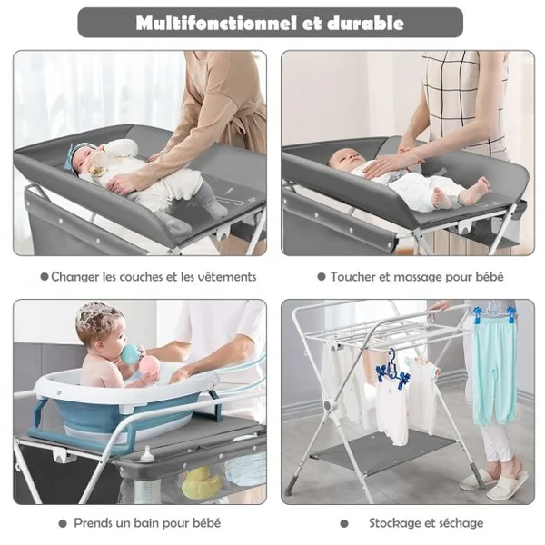 Table à Langer Pliante à Roulettes pour Bébé avec Panier de Rangement Hauteur Réglable en 3 Positions Gris