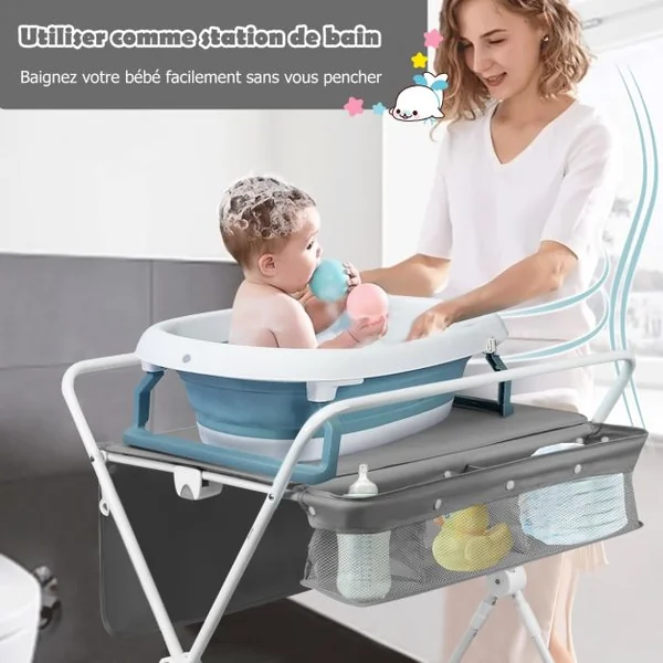 Table à Langer Pliante à Roulettes pour Bébé avec Panier de Rangement Hauteur Réglable en 3 Positions Gris