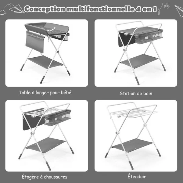 Table à Langer Pliante à Roulettes pour Bébé avec Panier de Rangement Hauteur Réglable en 3 Positions Gris