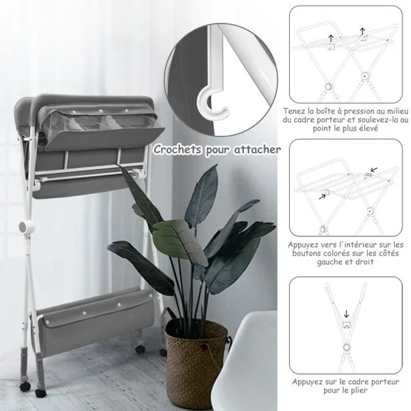 Table à Langer Pliante à Roulettes pour Bébé avec Panier de Rangement Hauteur Réglable en 3 Positions Gris