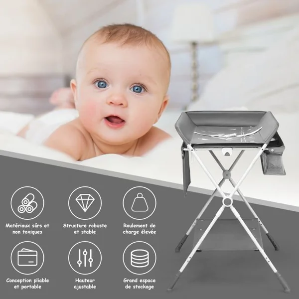 Table à Langer Pliante à Roulettes pour Bébé avec Panier de Rangement Hauteur Réglable en 3 Positions Gris