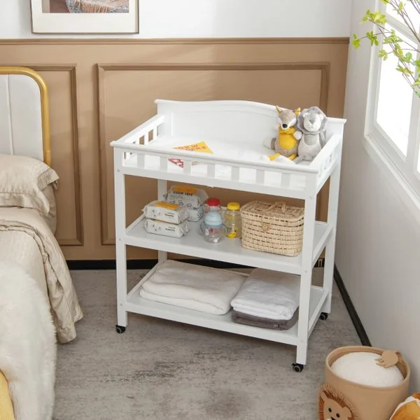 Table à Langer Roulante en Bois avec 2 Étagères Ouvertes Charge 15 KG Commode à Langer avec Matelas Imperméable Blanc