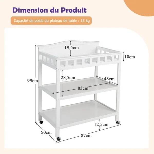 Table à Langer Roulante en Bois avec 2 Étagères Ouvertes Charge 15 KG Commode à Langer avec Matelas Imperméable Blanc
