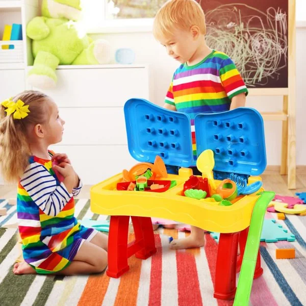 Table à Sable et à Eau 2 en 1pour Enfants de +3 Ans Table D'activité 31 Accessoires et Moules 70x35x72cm Multicolore