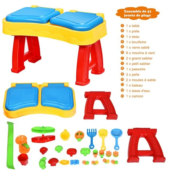 Table à Sable et à Eau 2 en 1pour Enfants de +3 Ans Table D'activité 31 Accessoires et Moules 70x35x72cm Multicolore