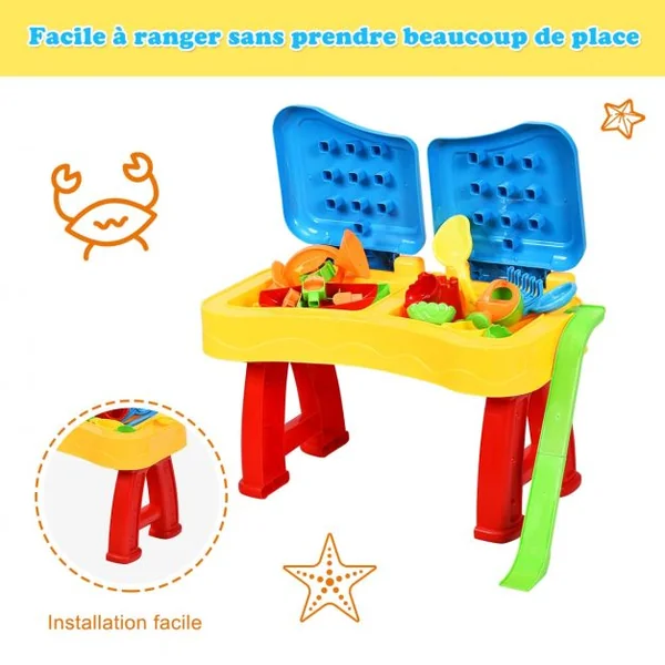 Table à Sable et à Eau 2 en 1pour Enfants de +3 Ans Table D'activité 31 Accessoires et Moules 70x35x72cm Multicolore