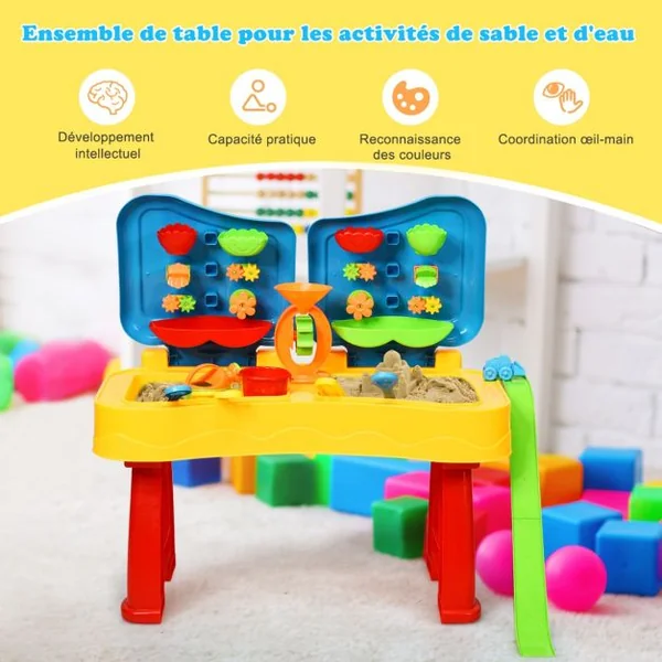 Table à Sable et à Eau 2 en 1pour Enfants de +3 Ans Table D'activité 31 Accessoires et Moules 70x35x72cm Multicolore