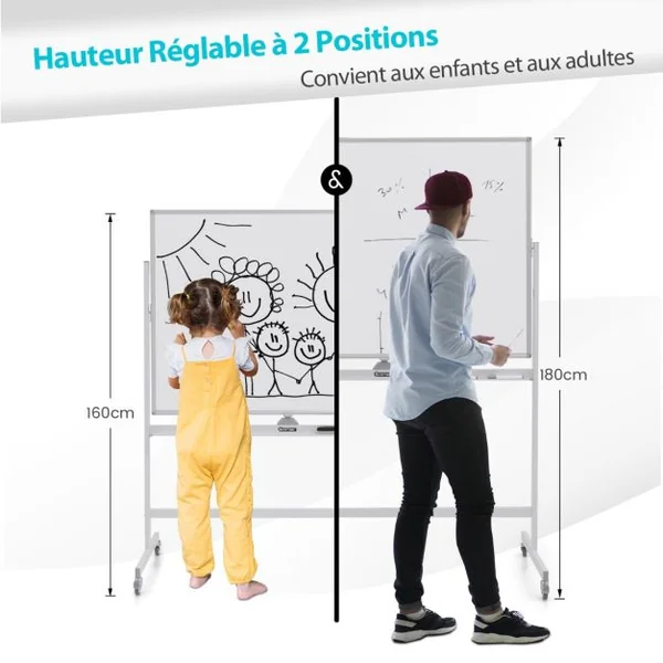 Tableau Blanc Magnétique Double Face sur Pied Réversible à 360° 120 x 90 CM avec Roulettes et Structure en Aluminium Blanc/Noir/Vert