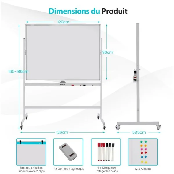 Tableau Blanc Magnétique Double Face sur Pied Réversible à 360° 120 x 90 CM avec Roulettes et Structure en Aluminium Blanc/Noir/Vert