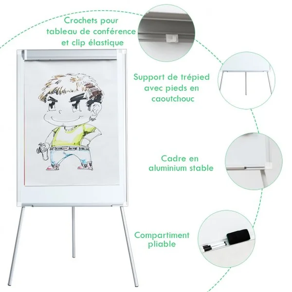 Tableau Blanc Magnétique sur Trépied Surface Laquée Aimantée Hauteur Réglable avec Accessoires 105x70,5x97,5-163cm