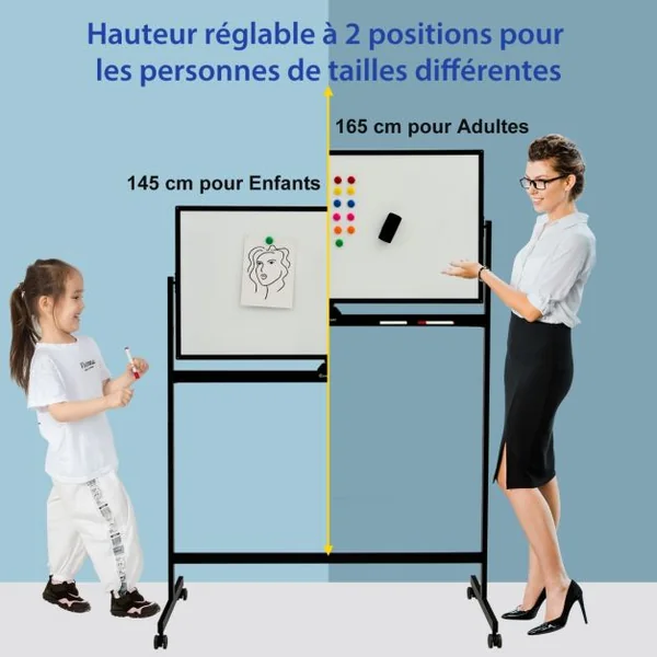 Tableau Blanc Mobile Magnétique Double Face avec 6 Marqueurs 12 Aimants et 1 Gomme pour Bureau Blanc/Noir