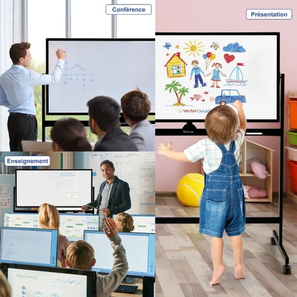 Tableau Blanc Mobile Magnétique Double Face avec 6 Marqueurs 12 Aimants et 1 Gomme pour Bureau Blanc/Noir