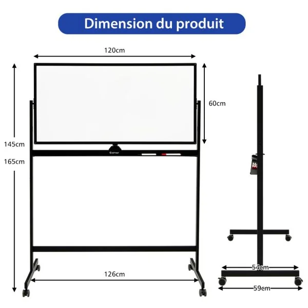 Tableau Blanc Mobile Magnétique Double Face avec 6 Marqueurs 12 Aimants et 1 Gomme pour Bureau Blanc/Noir