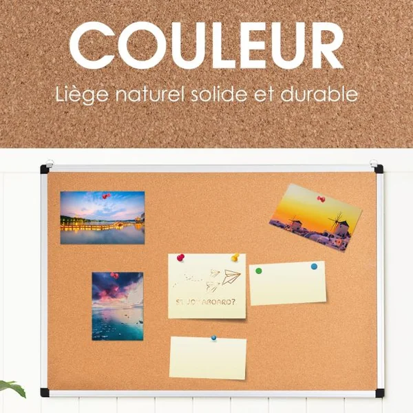 Tableau d'Affichage en Liège Naturel 60 x 90 CM Cadre en Aluminium avec 2 Crochets de Suspension en MDF