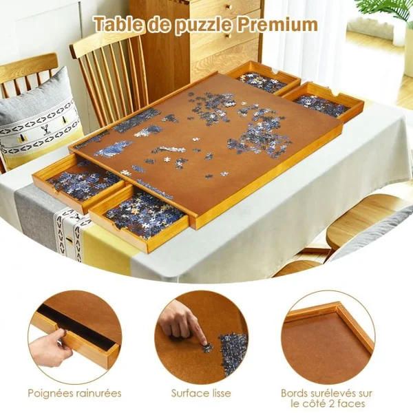 Tableau de Puzzle pour 1000 à 1500 PCS 4 Tiroirs Coulissants Latéral en Bois 80 x 65 cm