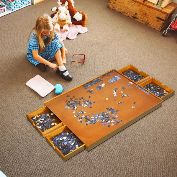 Tableau de Puzzle pour 1000 à 1500 PCS Table de Puzzle 80 x 65 cm 4 Tiroirs Coulissants Latéral en Bois Naturel