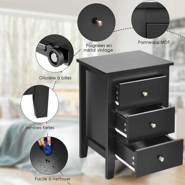 Table/Lot de 2 Tables de Nuit Table de Chevet Moderne avec 3 Tiroirs Pour Chambre à Coucher 46x37x65cm Noir/Blanc/Gris