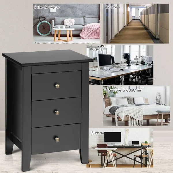 Table/Lot de 2 Tables de Nuit Table de Chevet Moderne avec 3 Tiroirs Pour Chambre à Coucher 46x37x65cm Noir/Blanc/Gris