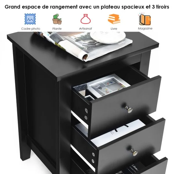 Table/Lot de 2 Tables de Nuit Table de Chevet Moderne avec 3 Tiroirs Pour Chambre à Coucher 46x37x65cm Noir/Blanc/Gris
