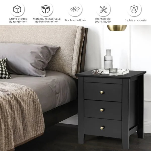 Table/Lot de 2 Tables de Nuit Table de Chevet Moderne avec 3 Tiroirs Pour Chambre à Coucher 46x37x65cm Noir/Blanc/Gris