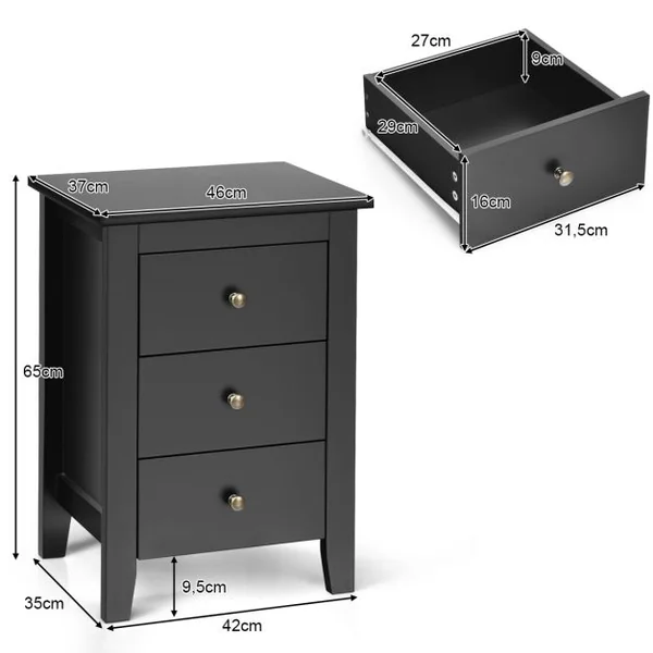 Table/Lot de 2 Tables de Nuit Table de Chevet Moderne avec 3 Tiroirs Pour Chambre à Coucher 46x37x65cm Noir/Blanc/Gris