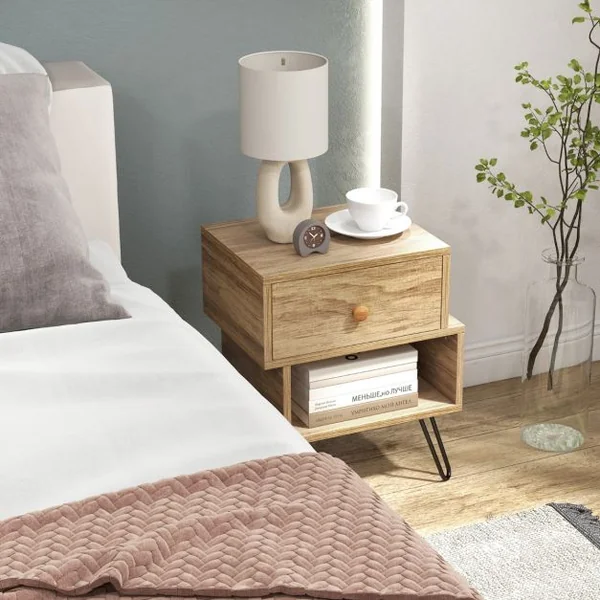 Tables de Chevet Lot de 2 avec Tiroir 4 Pieds en Métal Surélevés Tables d'Appoint en Bois avec Compartiment Design Irrégulier Naturel