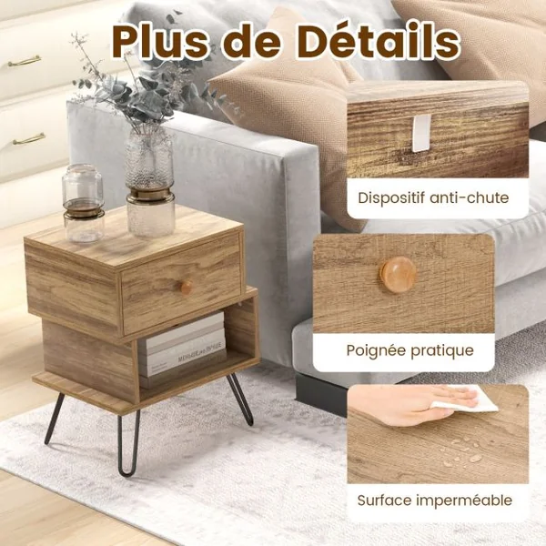 Tables de Chevet Lot de 2 avec Tiroir 4 Pieds en Métal Surélevés Tables d'Appoint en Bois avec Compartiment Design Irrégulier Naturel
