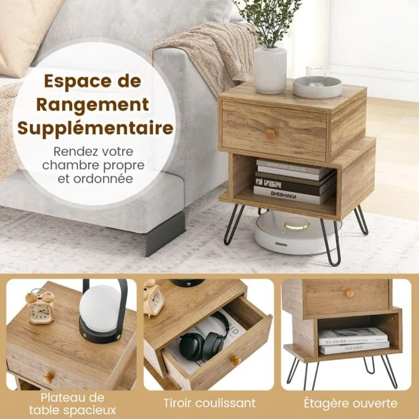 Tables de Chevet Lot de 2 avec Tiroir 4 Pieds en Métal Surélevés Tables d'Appoint en Bois avec Compartiment Design Irrégulier Naturel