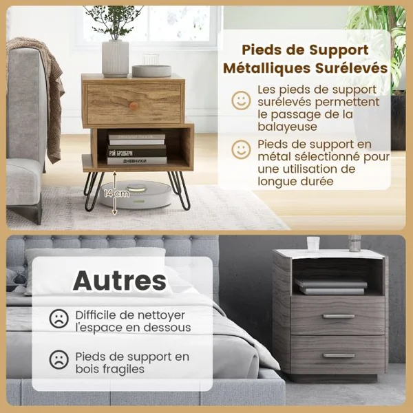 Tables de Chevet Lot de 2 avec Tiroir 4 Pieds en Métal Surélevés Tables d'Appoint en Bois avec Compartiment Design Irrégulier Naturel