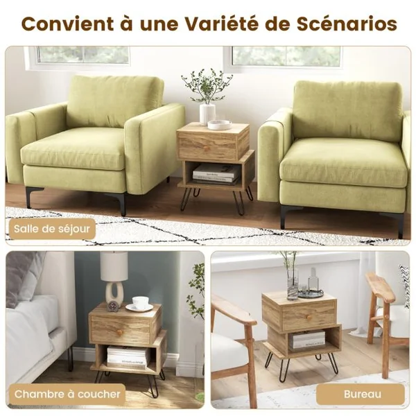 Tables de Chevet Lot de 2 avec Tiroir 4 Pieds en Métal Surélevés Tables d'Appoint en Bois avec Compartiment Design Irrégulier Naturel