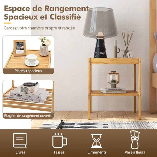 Tables de Chevet Lot de 2 en Bambou à 2 Niveaux L40 x P40 x H45 cm Style Naturel
